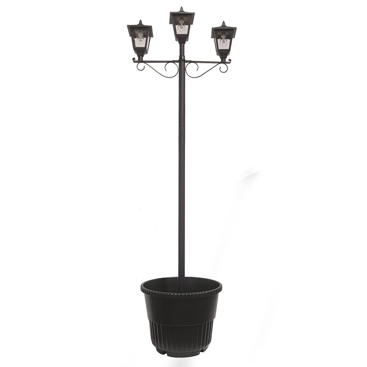 Triple Solar Lamp and Post Set with Round Planter Black Resin