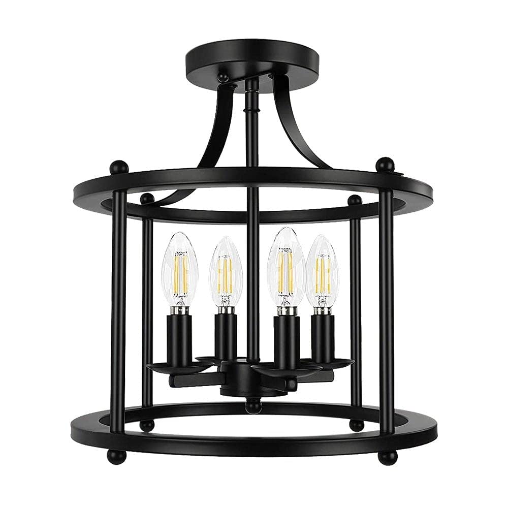 4-Light Lantern Semi Flush Mount Black Farmhouse Industrial Transitional Metal - Diamond Home USA