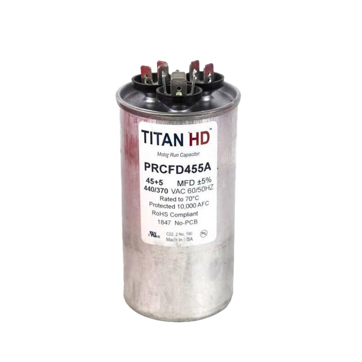 Titan Hd Round Motor Dual Run Capacitor 45/5 Microfarad Rating 370-440VAC