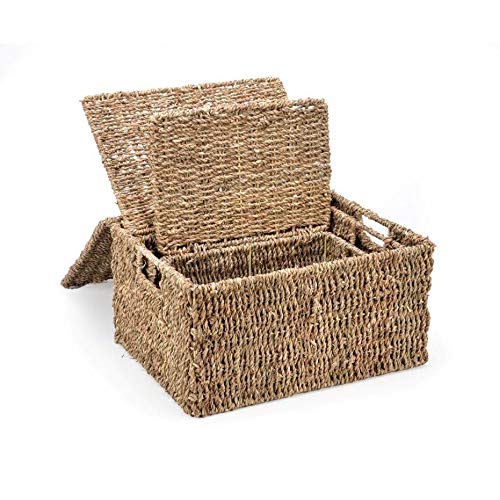 Set Of 3 Rectangular Seagrass Baskets With Lids Beige - Diamond Home USA