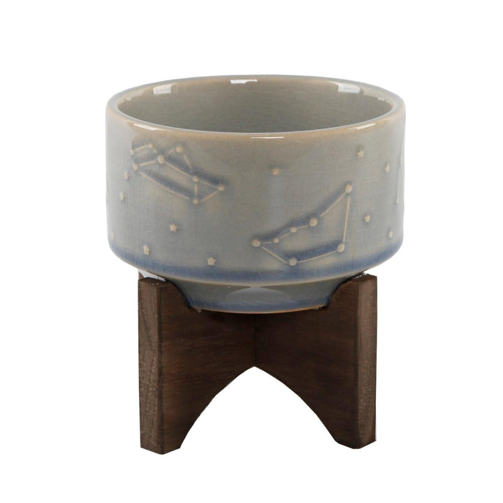 Flora Bunda 4 Inch Constellation Ceramic Pot on Wood Stand Mid Century Glass Blue