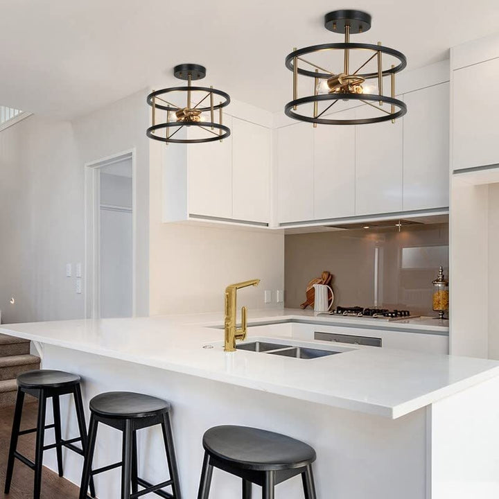 Modern 2-light Black Gold Metal Drum Semi Flush Mount Ceiling Lights 12" D X 10" - Diamond Home USA