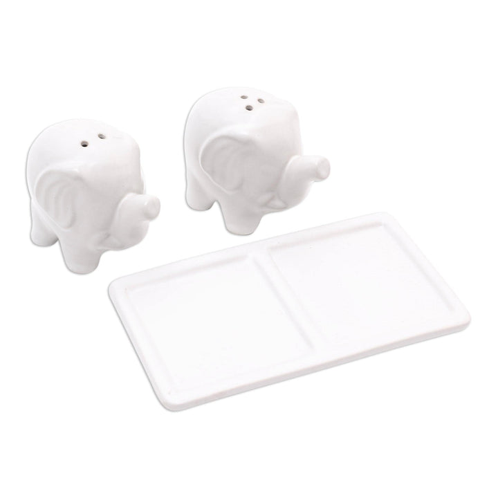 Handmade Eager Elephants In White Ceramic Salt And Pepper Set 1 Piece - Diamond Home USA