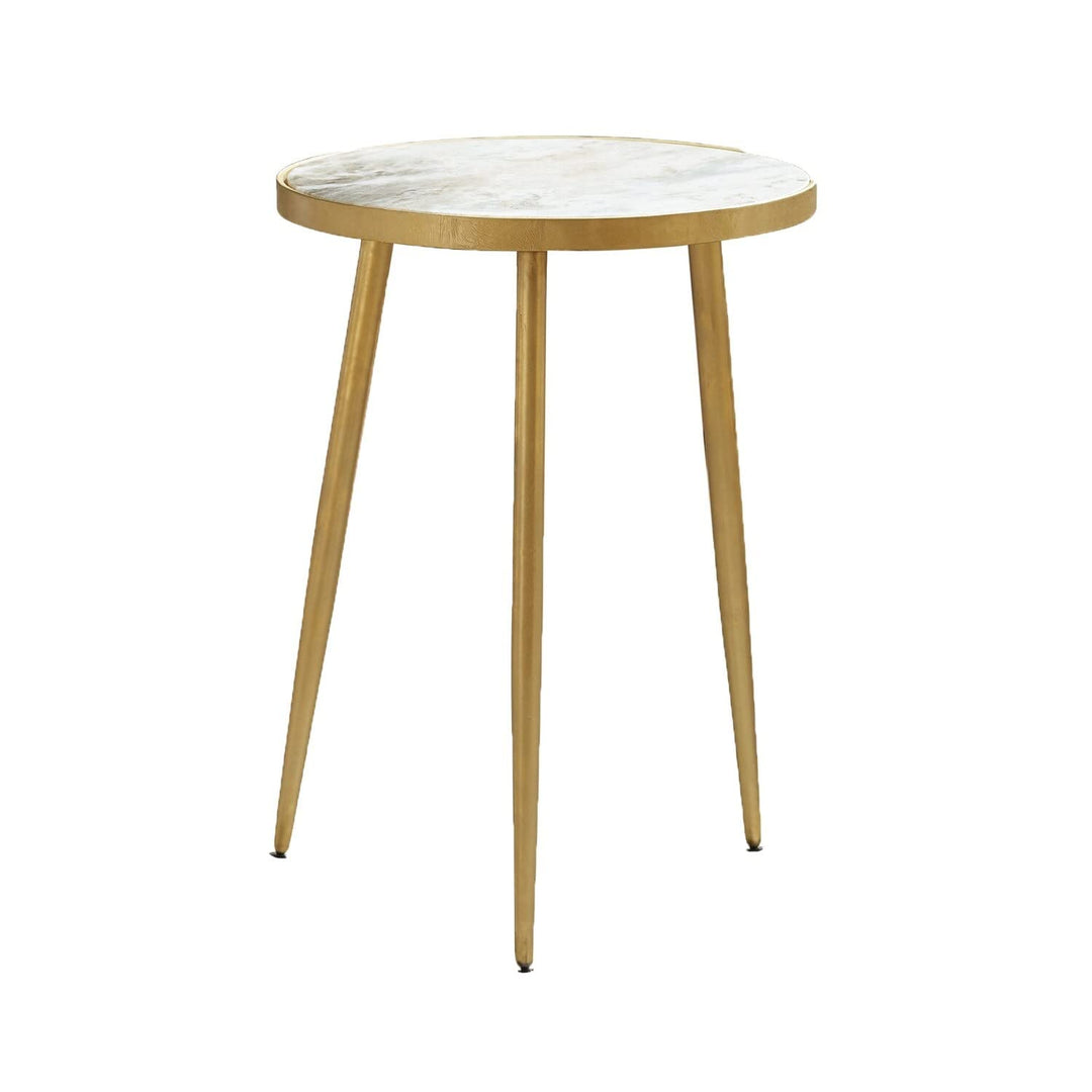 Round Accent Table in White and Gold Rustic Marble Wood Finish