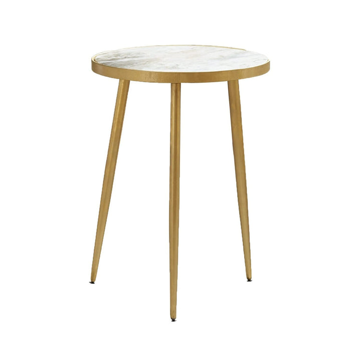 Round Accent Table in White and Gold Rustic Marble Wood Finish