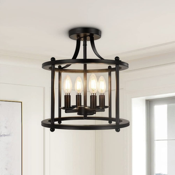 4-Light Lantern Semi Flush Mount Black Farmhouse Industrial Transitional Metal