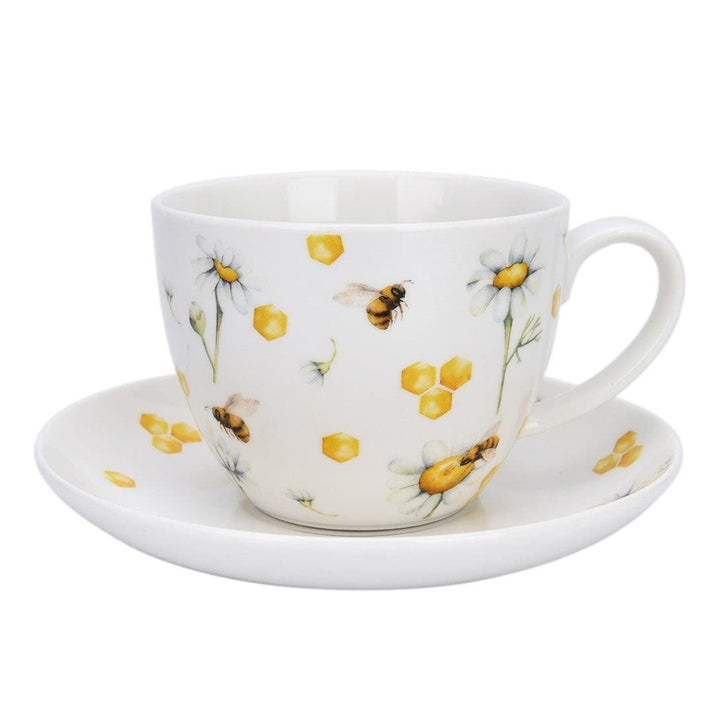 15.2 Fl Oz Honey Bee Tea Coffee Cup Saucer Yellow Floral Farmhouse Round Bone