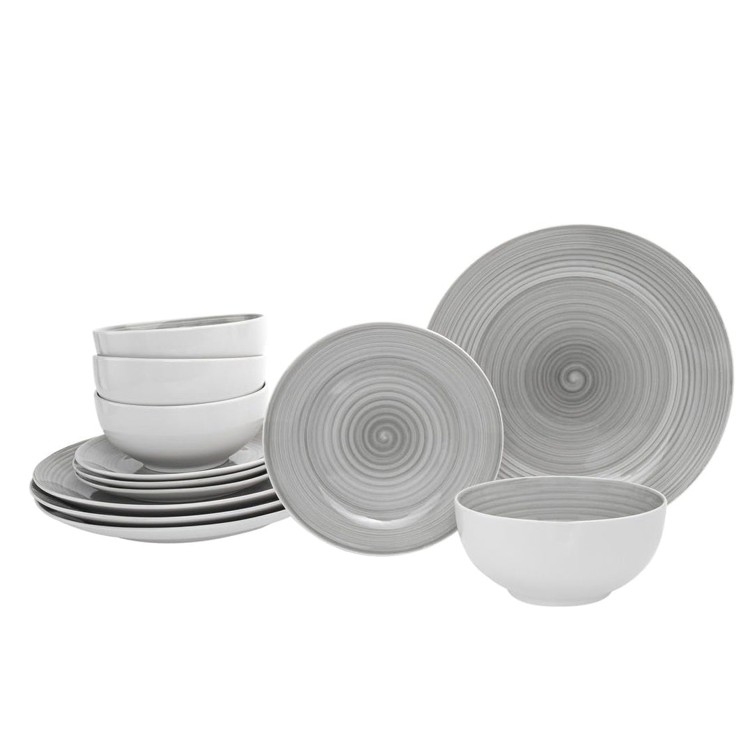 Spiral Grey Porcelain 12 Piece Dinnerware Set Service For 4 Solid Traditional - Diamond Home USA