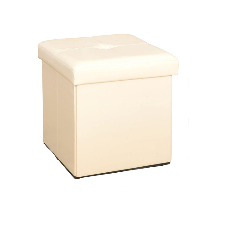 Ivory Leather Folding Storage Ottoman Cube 15" X Off/White MDF Plastic No