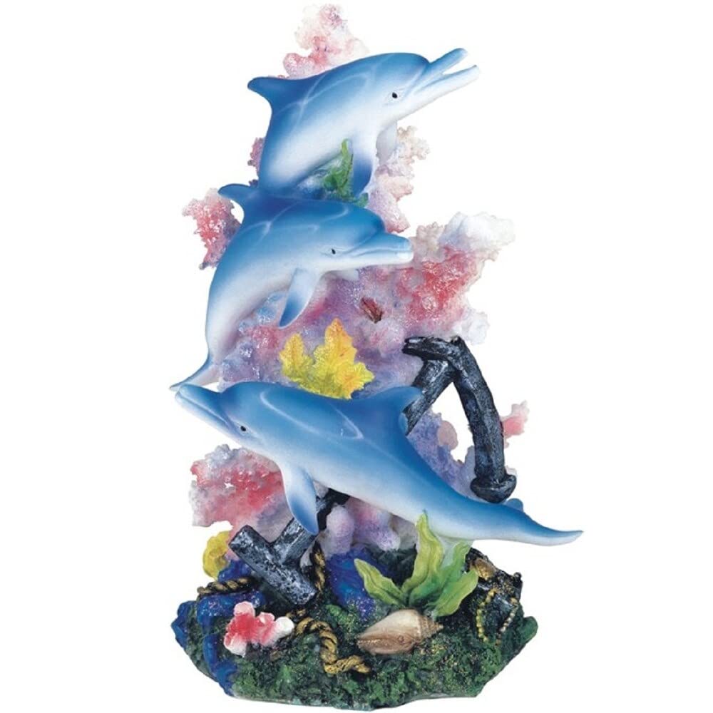 9" h Blue Dolphins Swimming Around Pink Coral Statue Marine Life Decoration