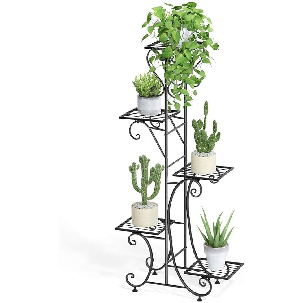 Tall Plant Stand 5 Tiered Iron Shelf Garden Display Rack Indoor Outdoor Black - Diamond Home USA