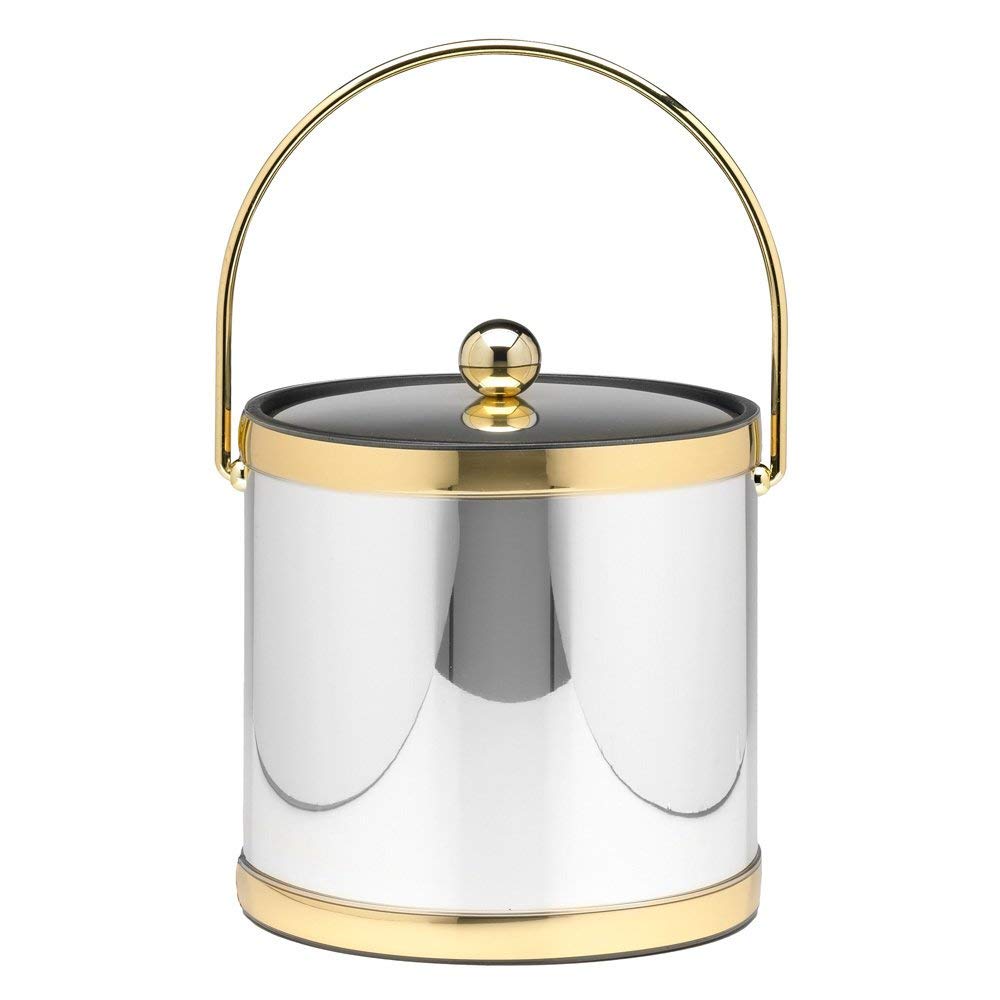 Gold Silver 3qt Ice Bucket Round Modern Chiller Bar Tub 3 Quart Ice Bin Polished Chrome/Brass