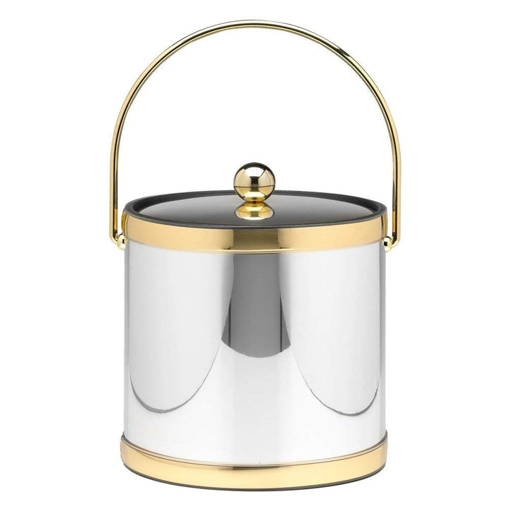 Gold Silver 3qt Ice Bucket Round Modern Chiller Bar Tub 3 Quart Ice Bin Polished Chrome/Brass
