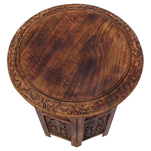 Brown Hand-Carved Wood Folding Accent Table Bohemian Eclectic Round Finish - Diamond Home USA