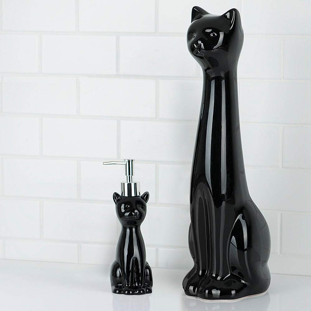 Cat Bowl Brush Holder/Lotion Pump Set Black 2 Piece Animal Print Modern - Diamond Home USA