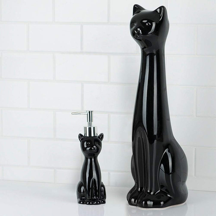 Cat Bowl Brush Holder/Lotion Pump Set Black 2 Piece Animal Print Modern - Diamond Home USA