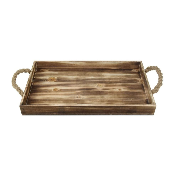 Wooden Rectangular Tray with Rope Side Handles Brown Modern Contemporary Wood - Diamond Home USA