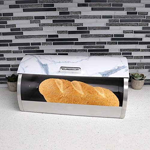 Marble Like Roll Top Lid Steel Bread Box White Handmade - Diamond Home USA
