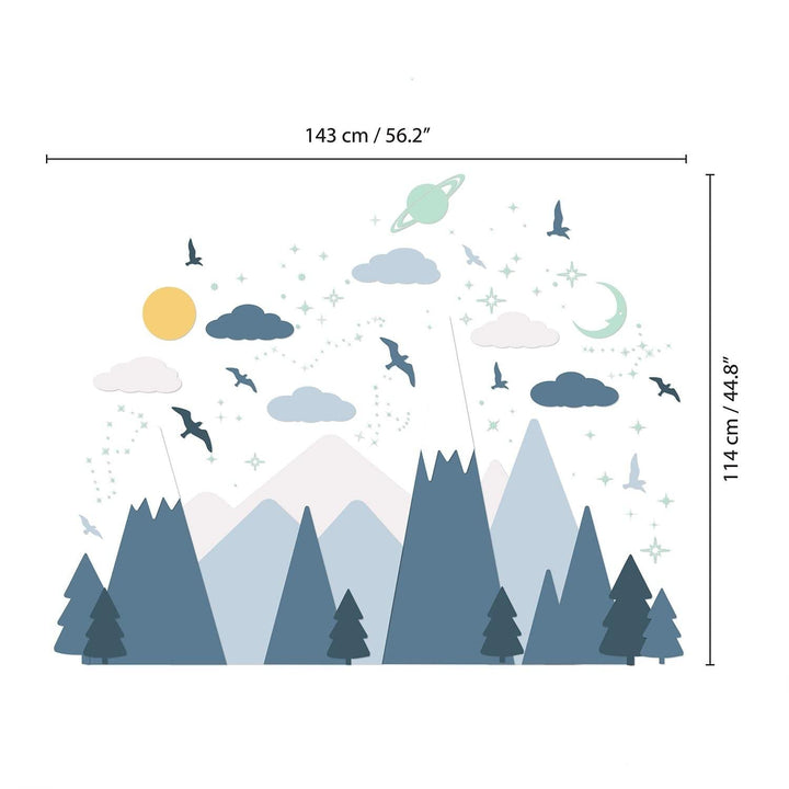 Blue Mountains and Glowing Sky Wall Stickers Nursery Kids Multi Color - Diamond Home USA