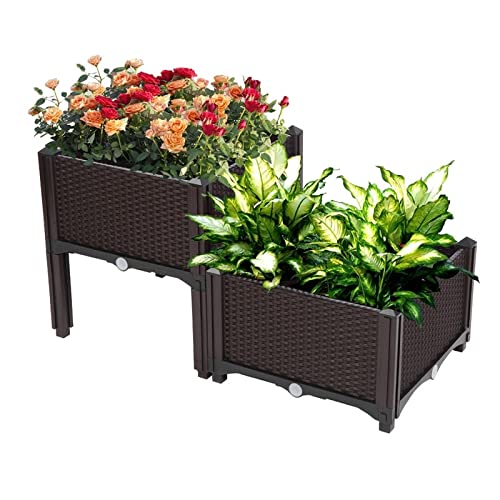 Set of 2 Brown Indoor Outdoor Plastic Raised Garden Planters Box Square Drainage