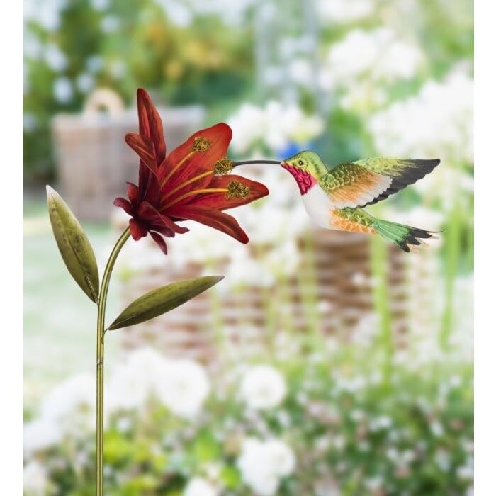 Hummingbird Flower Stakes Ruby Throated Multi Color Metal - Diamond Home USA