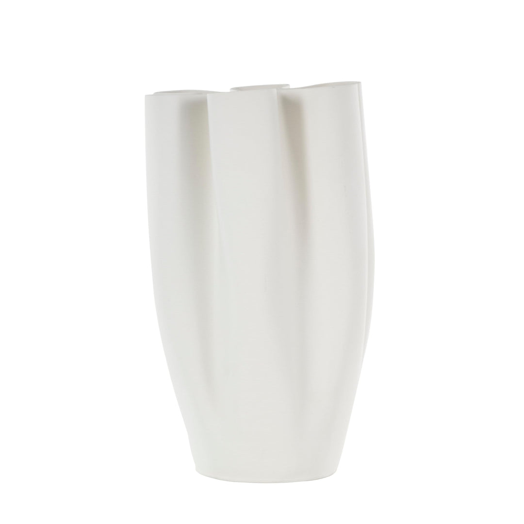 White Ceramic Ribbed Dimensional Folded Abstract Decorative Vase with Floral - Diamond Home USA