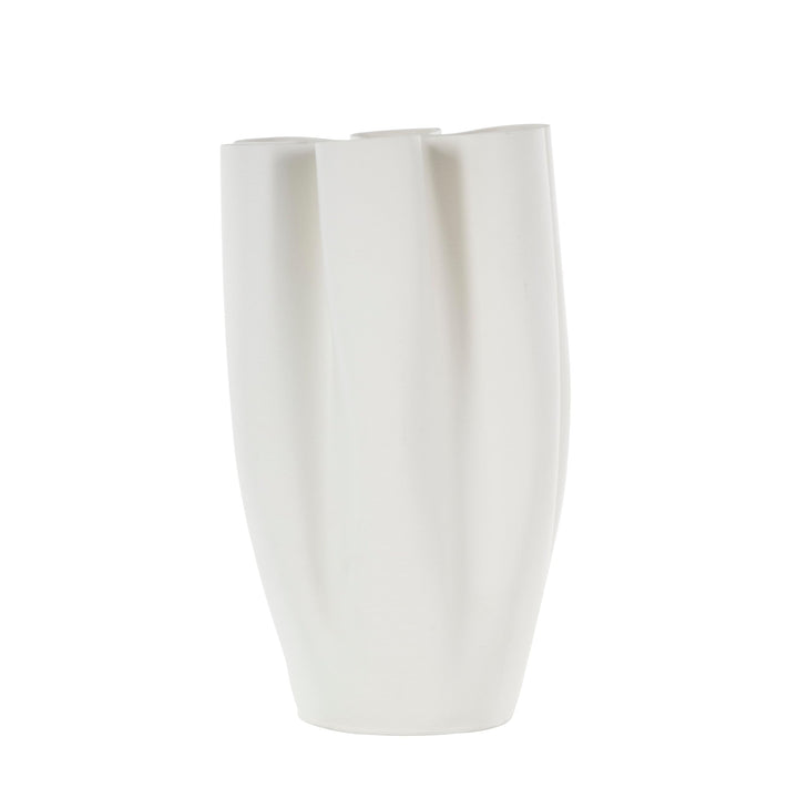 White Ceramic Ribbed Dimensional Folded Abstract Decorative Vase with Floral - Diamond Home USA