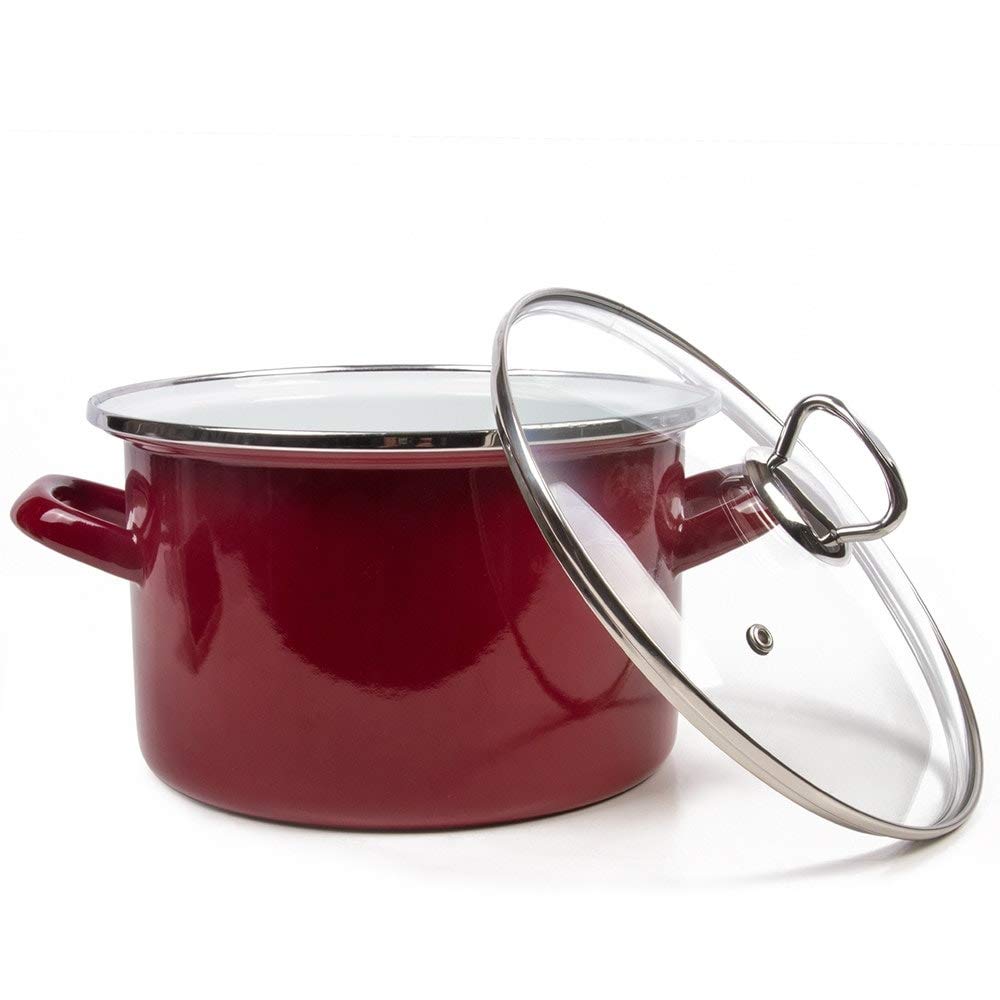 Burgundy Enamel On Steel 4.2-Quart Pot with A Glass Lid Red Enameled - Diamond Home USA