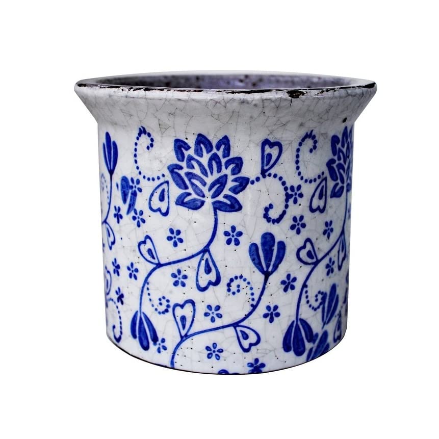 Hand Pressed Old World Ceramic Blue and White Flower Pattern Round Flared Lip