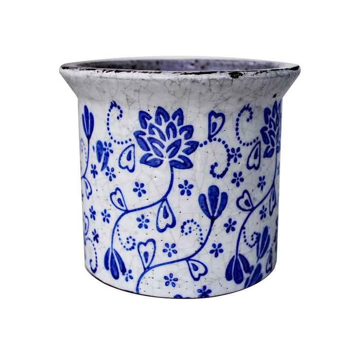 Hand Pressed Old World Ceramic Blue and White Flower Pattern Round Flared Lip