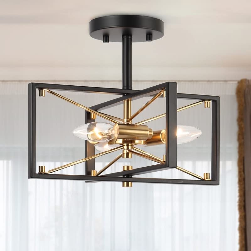 Modern Black Gold 3-light Semi-flush Mount Ceiling Light Cage Sputnik