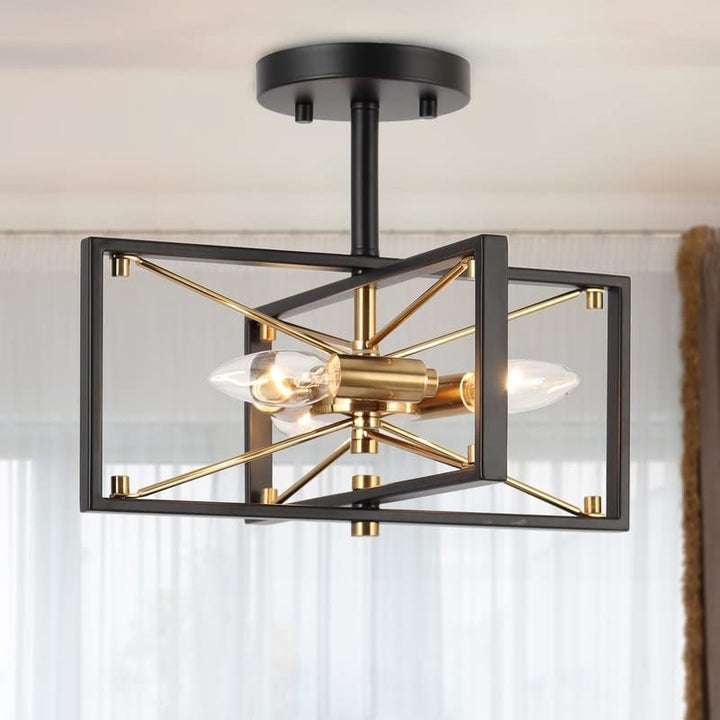 Modern Black Gold 3-light Semi-flush Mount Ceiling Light Cage Sputnik