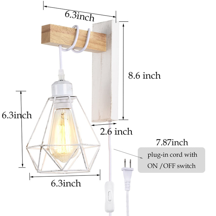 Farmhouse White Plug in Wooden Metal Wall Sconces Set of 2 Vintage Iron Wood - Diamond Home USA