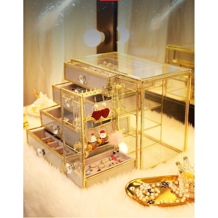 Golden Brass Vintage Glass Jewelry Boxjewelry Organizer With 4 Drawers Earring