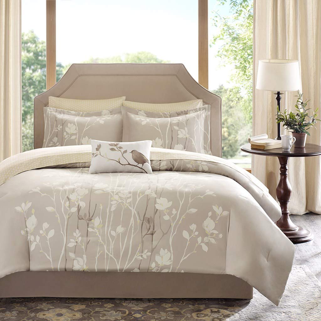 9 Piece Beige Cream Flower Comforter Queen Set Floral Theme Bedding Boho Chic