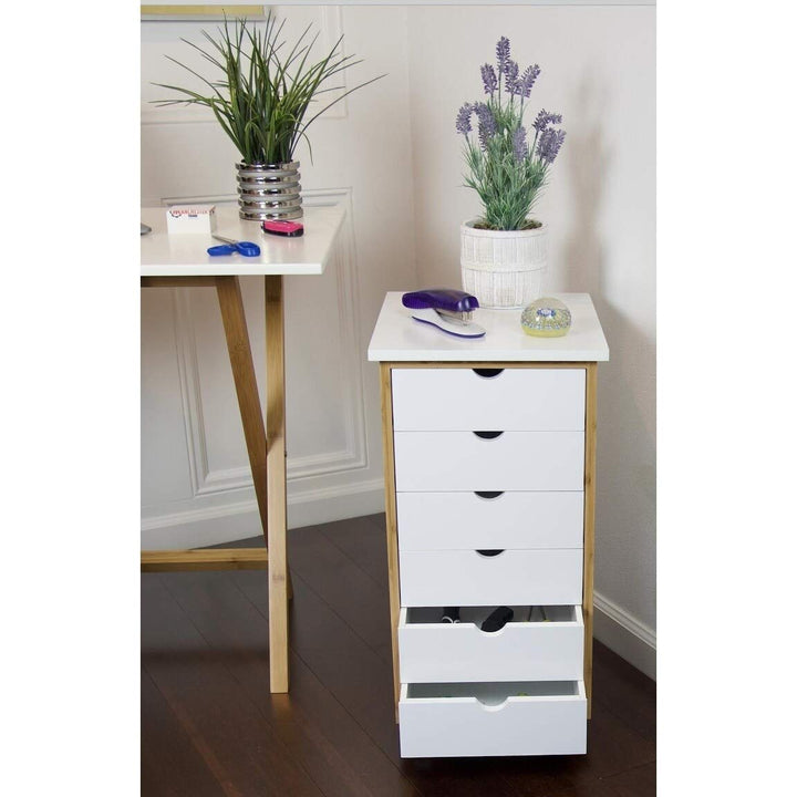 Solid Bamboo Frame 6 Drawer Rolling Cart White MDF Drawers - Diamond Home USA
