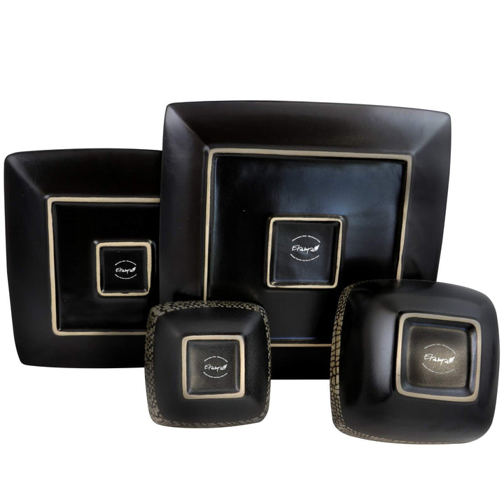 Geo 16 Piece Double Bowl Stoneware Dinnerware Set Brown Geometric Casual - Diamond Home USA