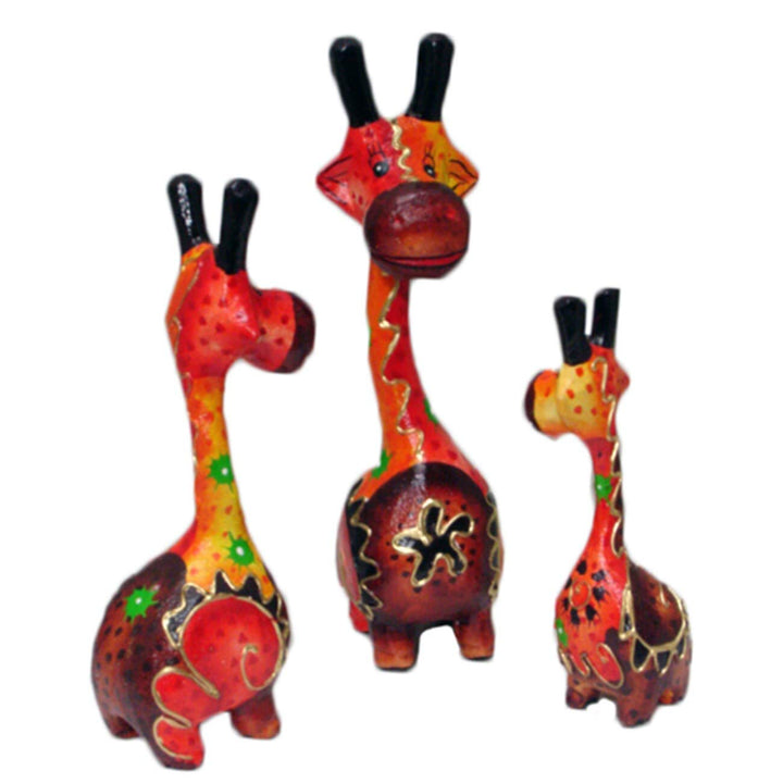 Set of 3 Handmade Red/Brown Giraffe Statue in Indonesia Orange Wood - Diamond Home USA