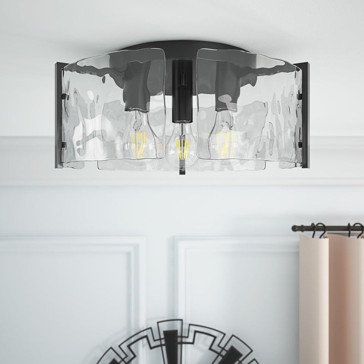 Modern Black Metal Ceiling Light Flush Mount Fixture with Curved Water Glass - Diamond Home USA