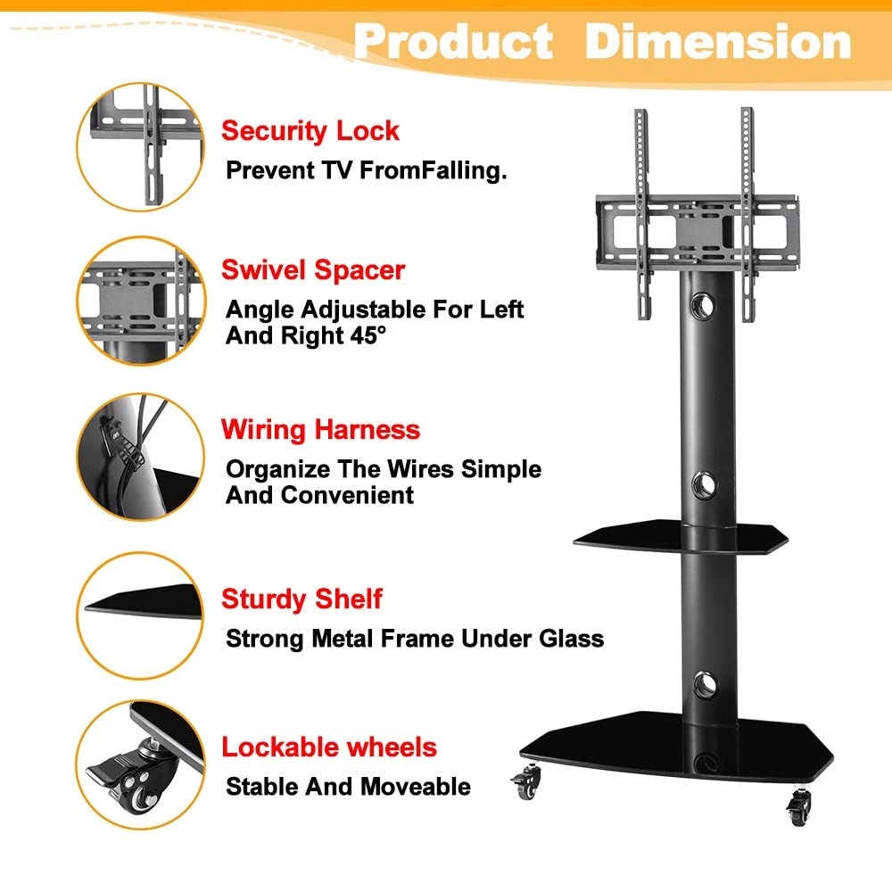 Adjustable Tempered Glass Metal Frame with Lockable Wheels Mobile Tv Stand Black - Diamond Home USA