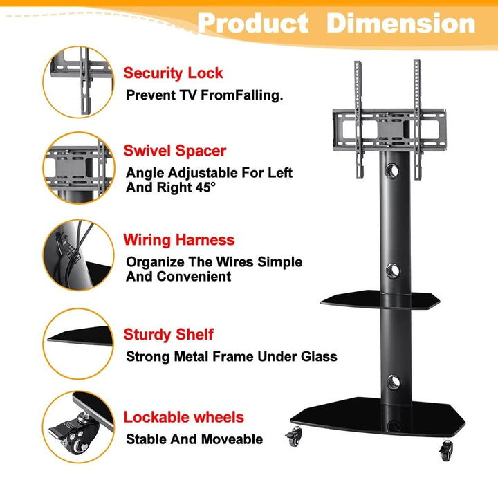 Adjustable Tempered Glass Metal Frame with Lockable Wheels Mobile Tv Stand Black - Diamond Home USA