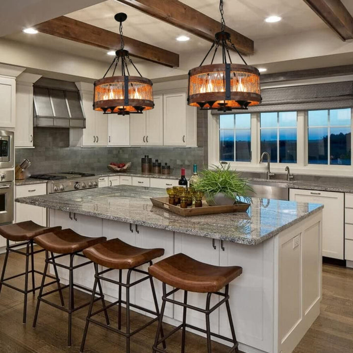 Farmhouse 5-light Chandelier Vintage Hanging Light Round Wood Lighting Fixture - Diamond Home USA