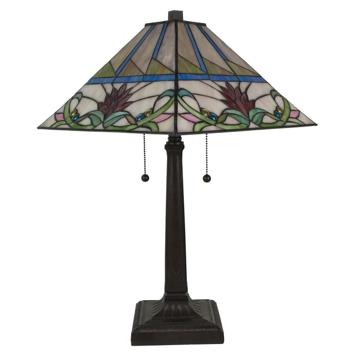 Tiffany Style Table Lamp Banker Mission 22" Tall Stained Glass Tan Green Blue - Diamond Home USA