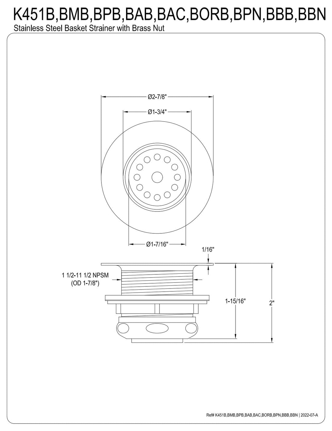 Kingston Brass Portland Stainless Steel Bar Sink Basket Strainer