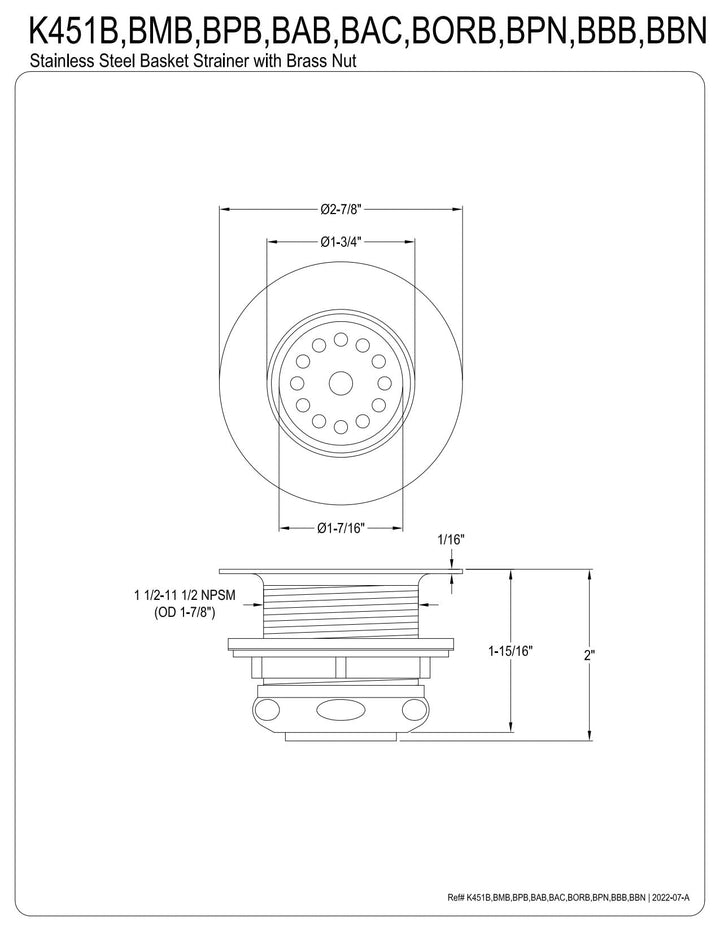 Kingston Brass Portland Stainless Steel Bar Sink Basket Strainer
