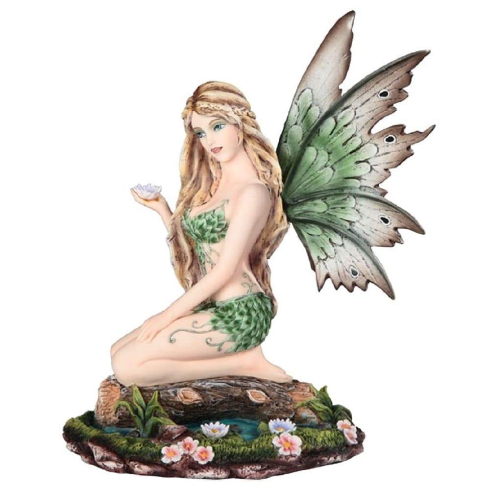 9" h Green Fairy Sitting On Pond Statue Fantasy Decoration Figurine Polyresin