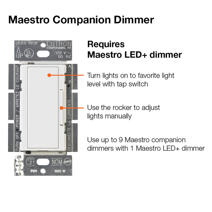 Lutron Maestro Companion Multi-Location Dimmer|Not for Standalone Use|MA-R-IV - Diamond Home USA