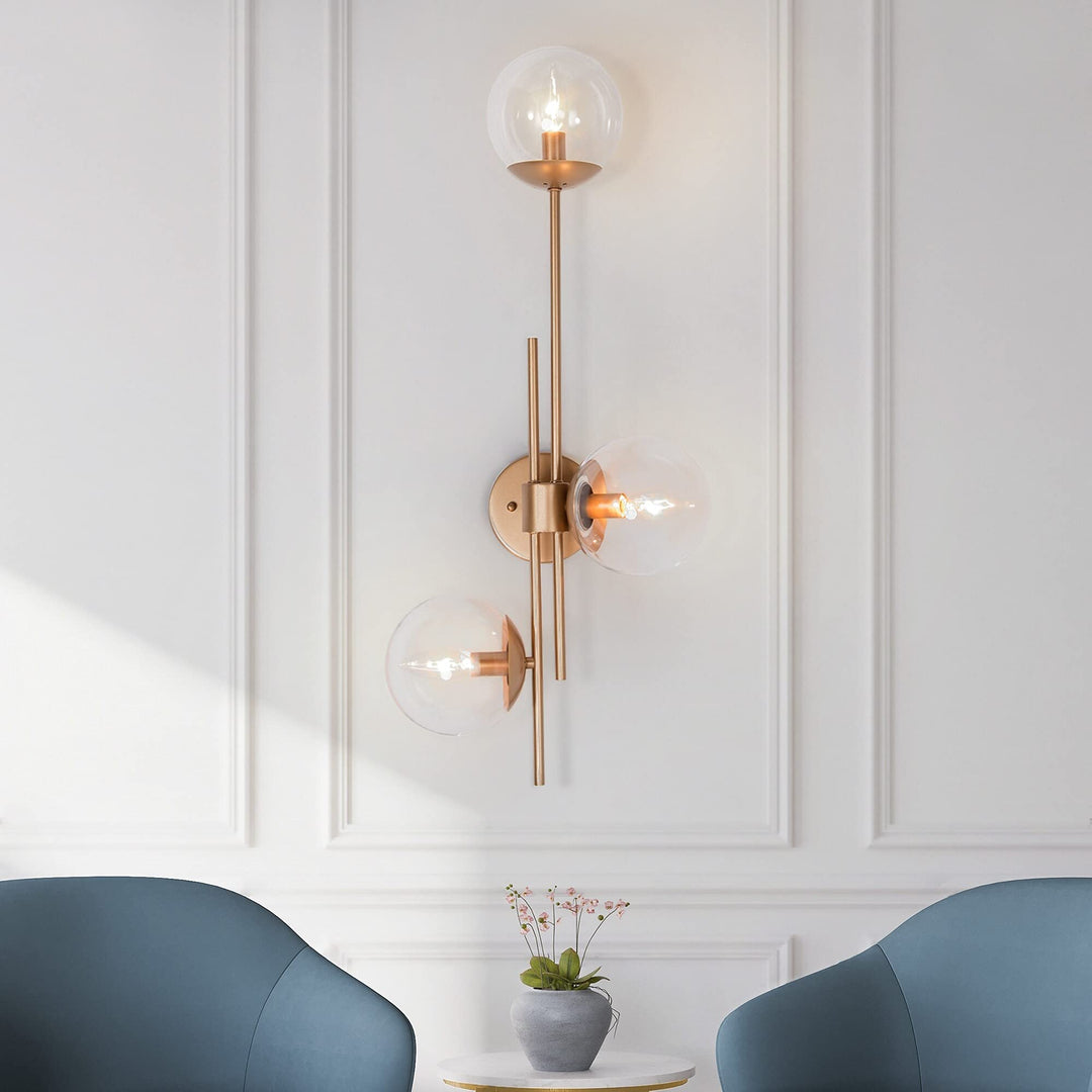 3-Light Modern Gold Bathroom Vanity Lights Globe Clear Wall Sconces Lamp L30.5