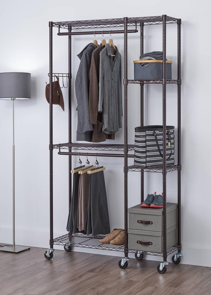 TRINITY Rolling Garment Rack With Shelves And Storage Hooks For Clothing Storage Dark Bronze - Diamond Home USA