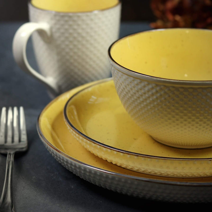 Embossed Dot Two Tone 16-Piece Dinnerware Set in Yellow Textured Casual Round - Diamond Home USA